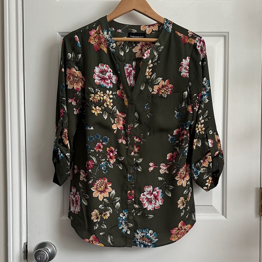 Floral Print Button-Up Blouse - Olive